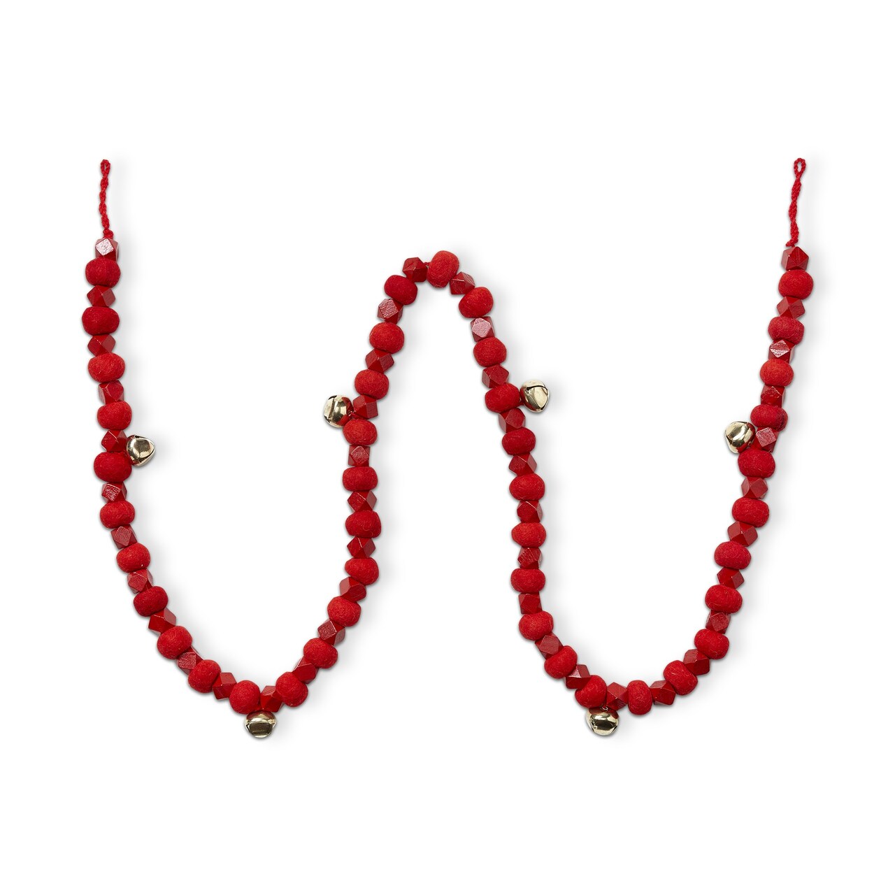 Wood Bead & Felt Jingle Bell Garland - 72" Decorative Christmas Wall Banner in Red - Festive Ornaments for Holiday Decor